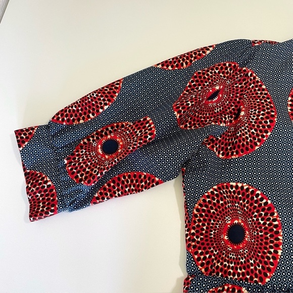 NEW The Oula Company Tiered Maxi Printed Cotton Shirt Dress Blue Red Large - Picture 9 of 11